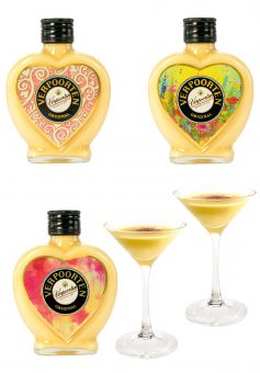 Herzflaschen Set mit 3 x 0,2 L VERPOORTEN ORIGINAL Eierlikör 20 %vol (Motive: Flower, Sun, Style) & 2 exklusive handgefertigte Verpoorten Cocktail Schalen 