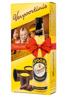VERPOORTINIS: 0,1 L Flasche VERPOORTEN ORIGINAL Eierlikör 20 %vol mit 5 Schokobechern 